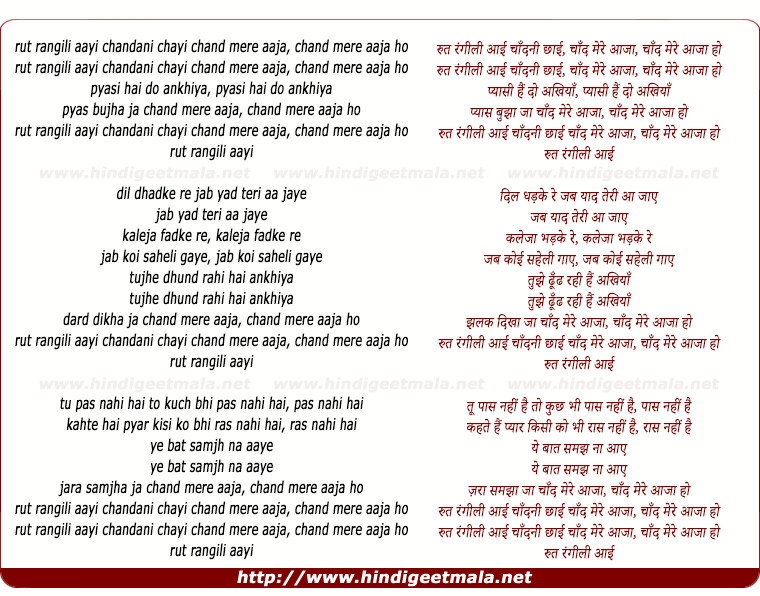 lyrics of song Rut Rangili Aayi Chandni Chayi